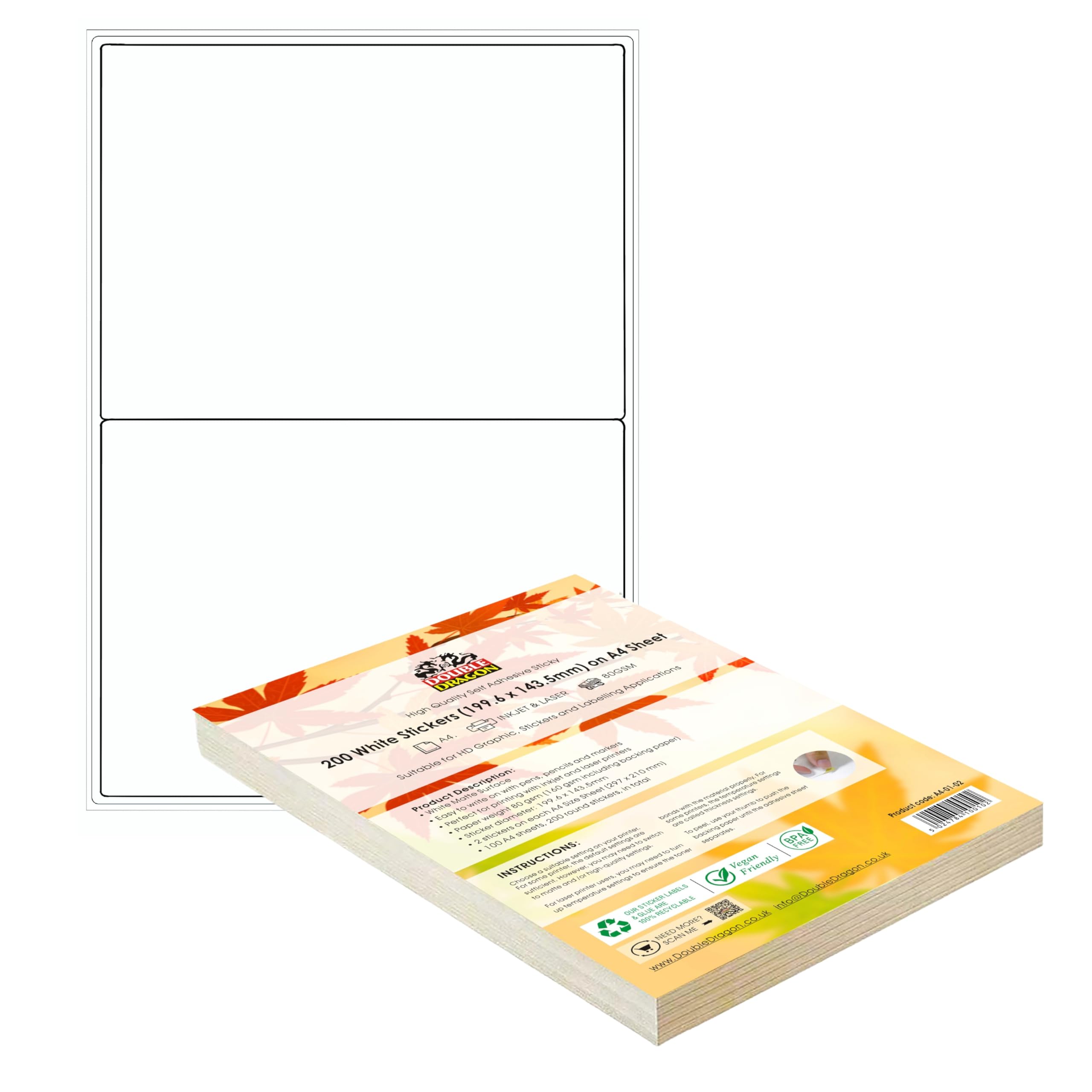 Double Dragon 100 Sheets Pack A4 Self-Adhesive Address Labels, 2 Per Sheet, 200 Labels, 199.6 x 143.5mm
