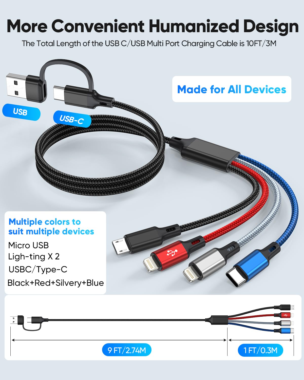 Cavo di ricarica multiplo 6 in 1 (3,5 m, confezione da 2), cavo di ricarica multiplo intrecciato, USB A/C a tipo C/Lightning* 2/Micro USB universale cavo di ricarica per iPhone, Samsung, orologio
