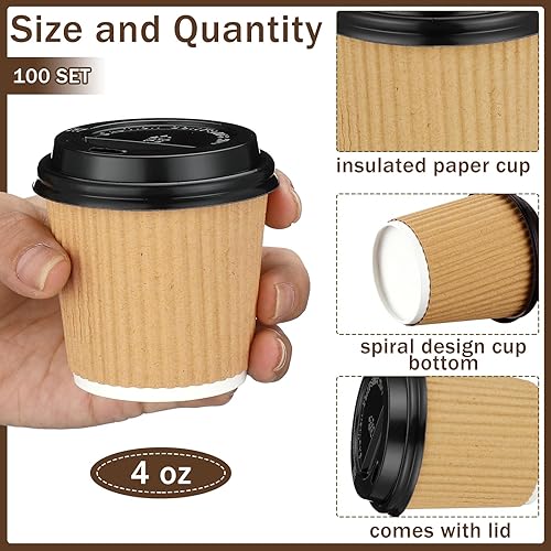 Vista 2 de Uiifan 100 Set 4oz Disposable Espresso Cups with Lids Ripple Corrugated Paper Disposable Coffee Insulated Hot Ripple Cups for hot Chocolate, Tea