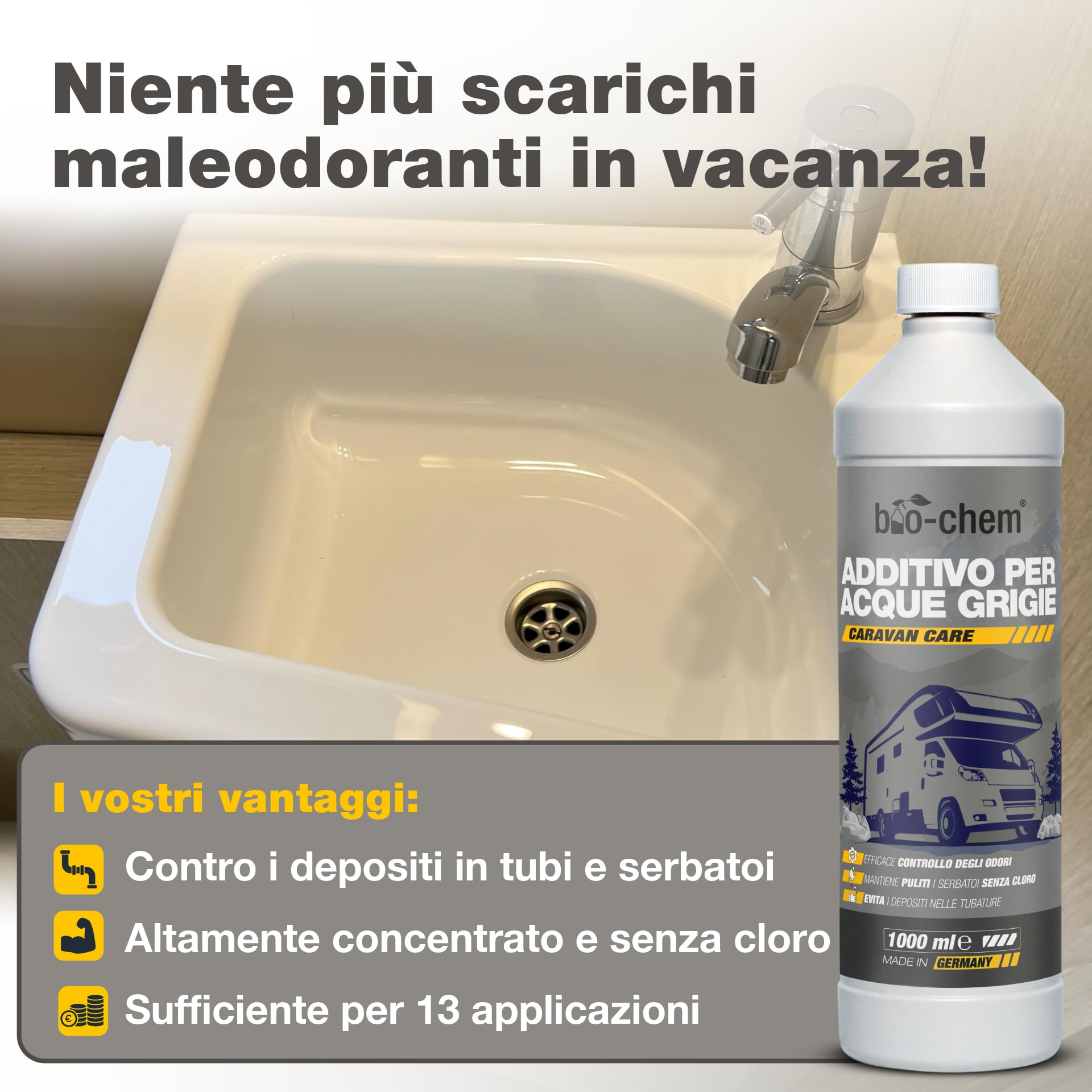 bio-chem - Set di Prodotti detergenti per WC di Camper e roulotte - Liquido Sanitario 1L e Additivo Sanitario 1L - Nuova Formula con microrganismi per WC chimici da roulotte