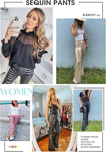 Miniatura 5 de BLENCOT - Pantalones palazzo de lentejuelas con brillantina para mujer, cintura alta, pierna ancha, con dobladillo acampanado para fiesta