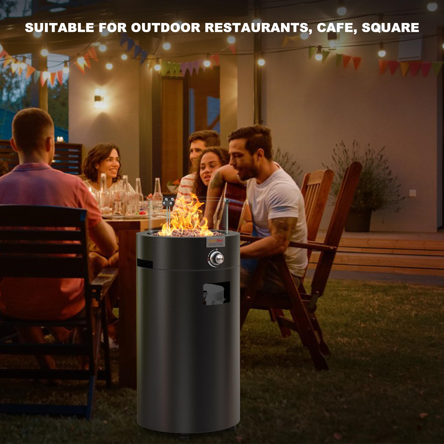 Onlyfire Fogata de gas redonda, calentador desmontable para patio al aire libre con rocas de lava, protector de viento de vidrio y ruedas, para patio, patio trasero, restaurante al aire libre, 6,85 kW