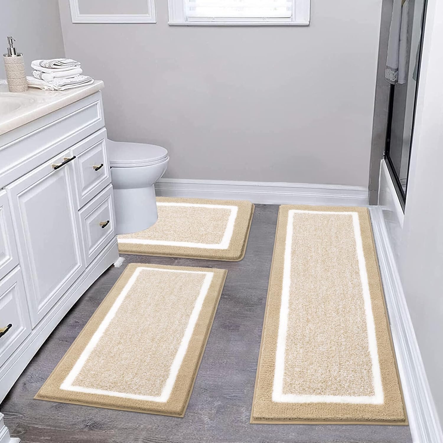 Pauwer 3 Pieces Bathroom Rugs Sets, Microfiber Shaggy Bath Mat Set, Ultra Soft Non-Slip Rug with U Shaped Toilet for Bathroom, Tub, Shower Washable Carpets Set,Beige 18"x26"+18"x48"+U Shape 20"x24" Beige