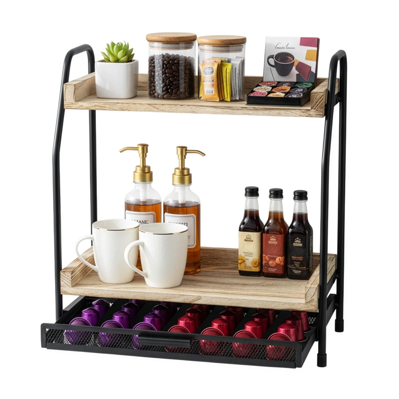 EVERGOODS Coffee Station Organizer with 2-Tier Countertop Shelf, Wooden Coffee Bar with Coffee Pod Drawer and Capsule Holder, Compatible, Kitchen Coffee & Tea Station