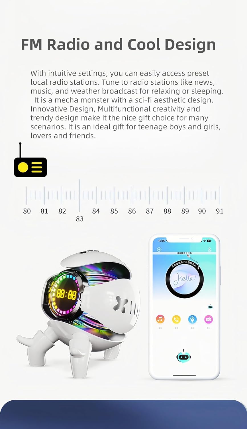 Bluetooth Speaker Alarm Clock with FM Radio, RGB Ambient Lights, TWS Pairing, Support TF Card/AUX/USB Playing, Rechargeable Wireless Party Speaker for Home, Outdoor, Travel and Camping (Black)