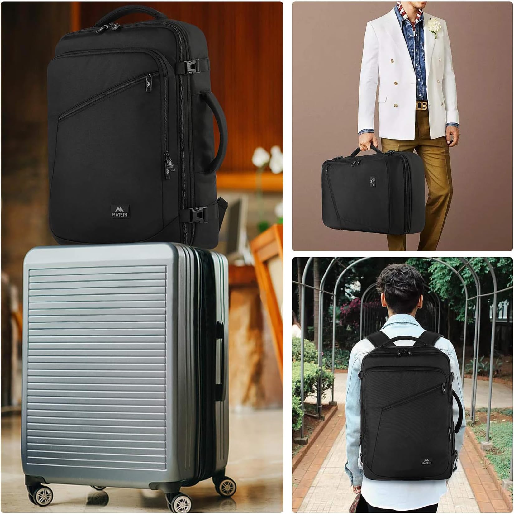 MATEIN Mochila Viaje Cabina Avion 40x30x20 Ryanair Expandible 30L Maletas Cabina 40x20x30 para Mujer y Hombre Equipaje de Mano Negro