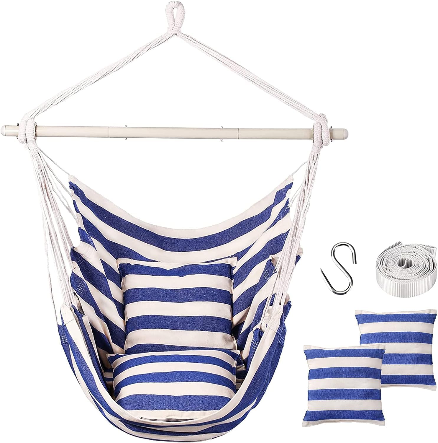 HMOISHammock Chair with 2 Cushions, Hanging Chair Steel Bar,Anti-Slip Rings, Rope Swing Seat, Nylon Portable Pets Hammock for Indoor Outdoor, Camping, Travel, Beach, Backyard, Max 500 lbs (Blue)