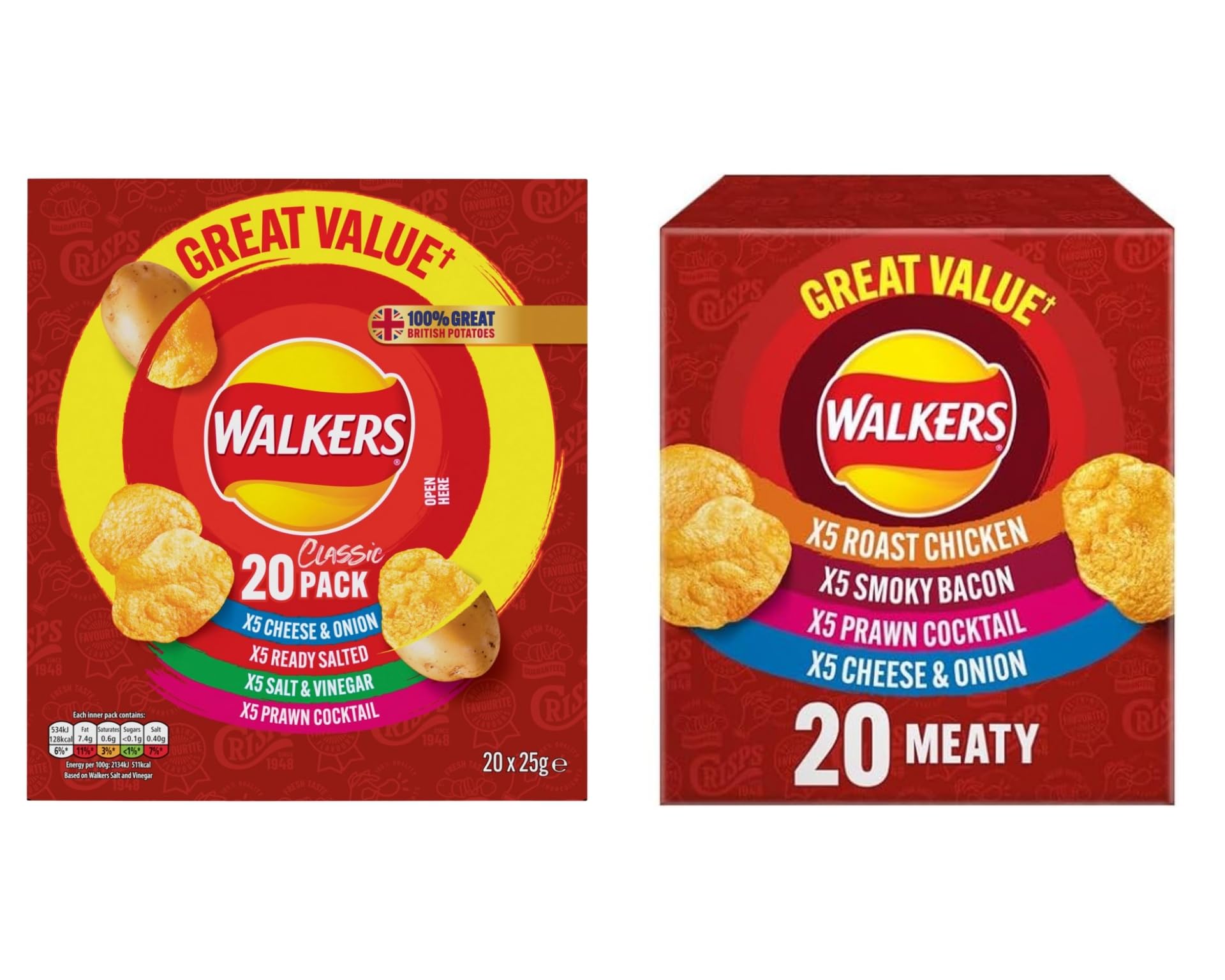 Classic Variety Multipack Crisps (20x25g) & Meaty Variety Multipack Crisps (20 x 25g) (Combo Pack) | 20 Classic Flavours & 20 Meaty Flavours | Perfect for Snacking and Sharing | Ideal for Sharing