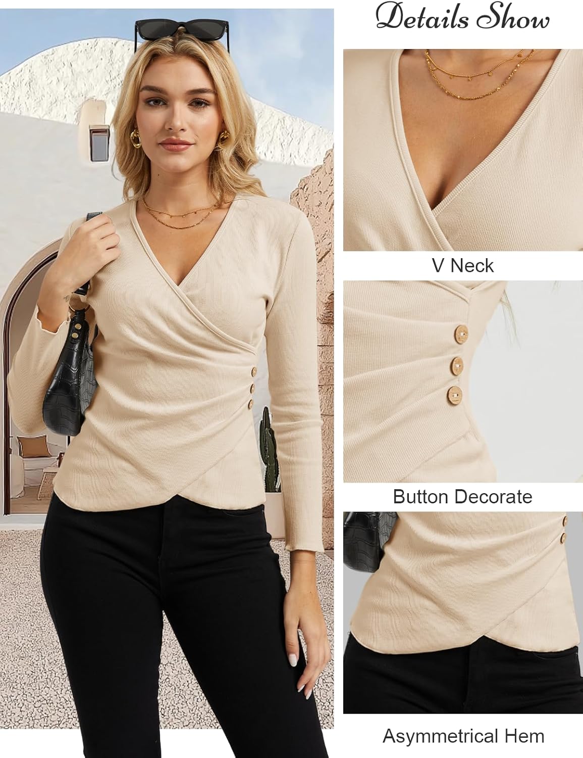 Women’s Long Sleeve Wrap Top, Seep V Neck Ribbed Knit Slim Fitted Cross Wrap Asymmetrical Fall Dressy Blouse - Image 2