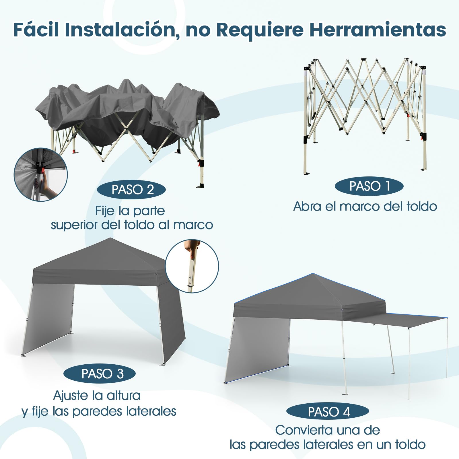 COSTWAY Carpa Plegable 4,3x2,8m, Pop-up, 2 Paredes Laterales Convertibles en Toldo, Cenador para Jardin, Bolsa, Altura Ajustable, Pergola Pabellón Gazebo Plegable Jardin Fiesta Exterior (Gris)