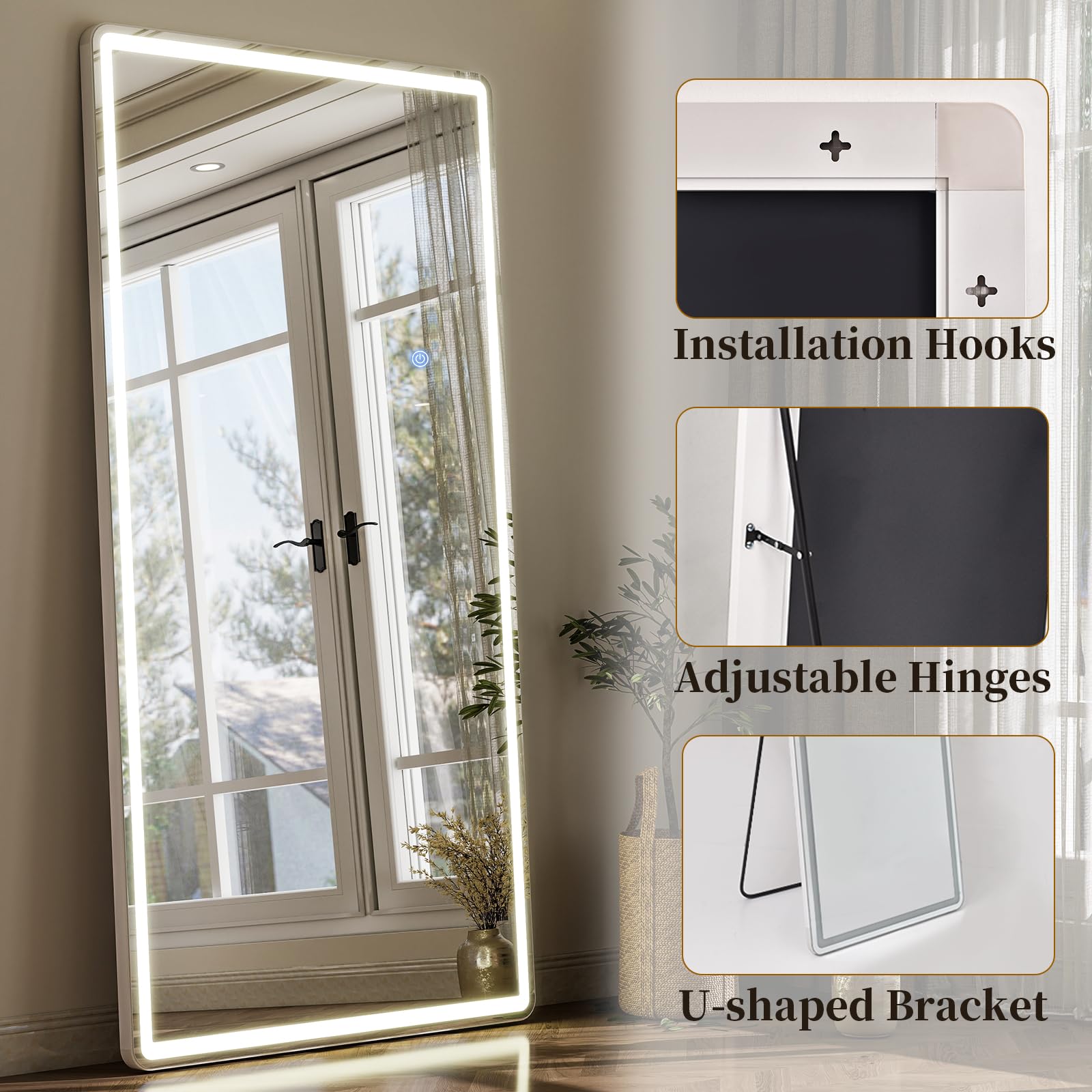 GLSLAND 20"x56" Arched LED Full Length Mirror with Lights – Wall Mounted or Standing Full Body Mirror for Bedroom/Cloakroom – Dimmable with 3 Color Lighting Modes