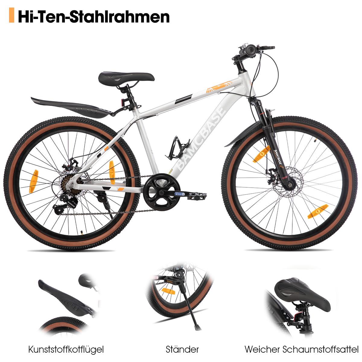 HILAND Bloomer Rower górski 26", MTB, męski i damski, 7-biegowy rower z mechanicznym hamulcem tarczowym, aluminiowa rama Hardtail, uniseks, dla dorosłych, szary