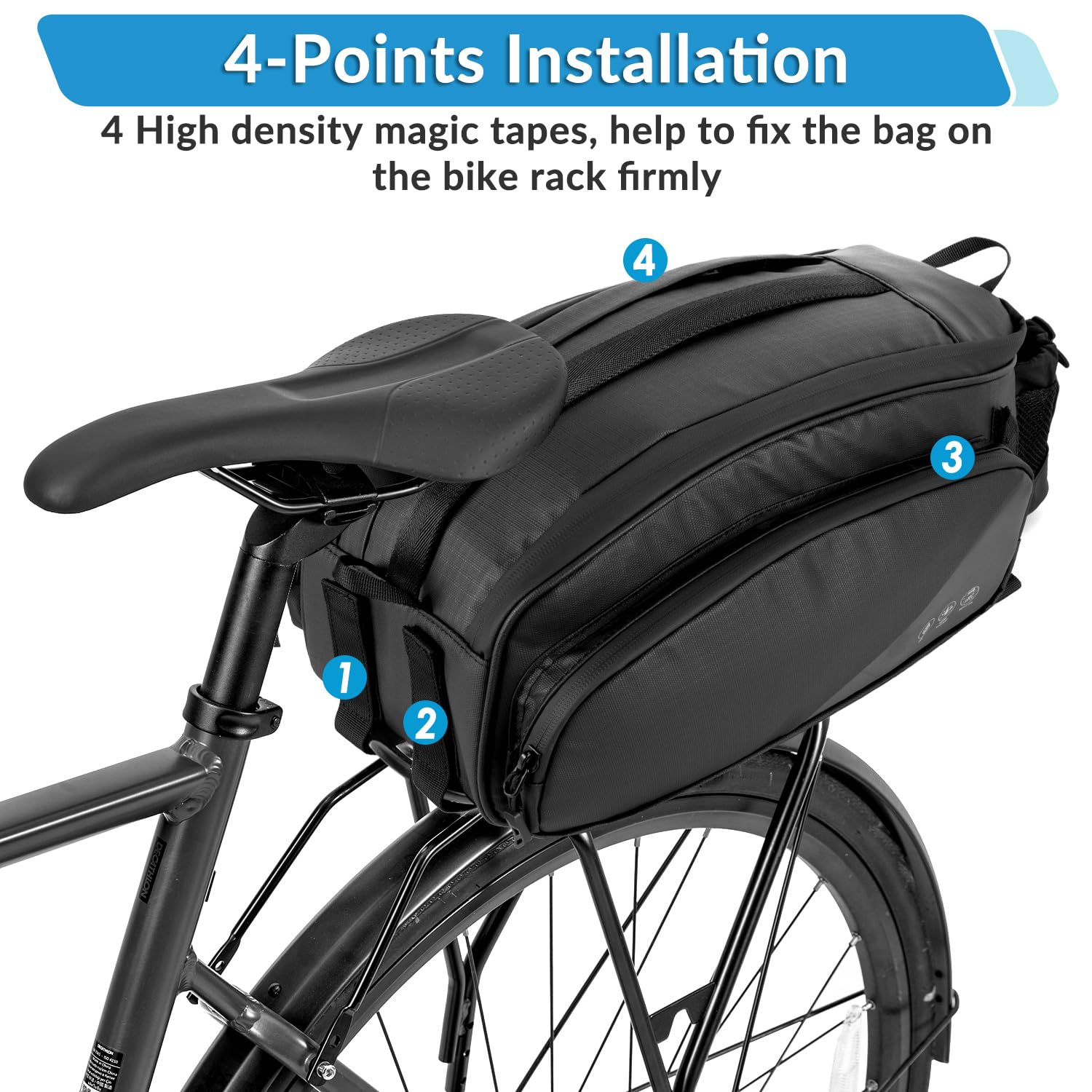 WOTOW Rear Rack Bag, 12L Waterproof Reflective Bicycle Trunk Bag, Cycling Rear Seat Carrier Backseat Storage Luggage with Water Bottle Holder, Shoulder Strap for MTB Bike E-Bike