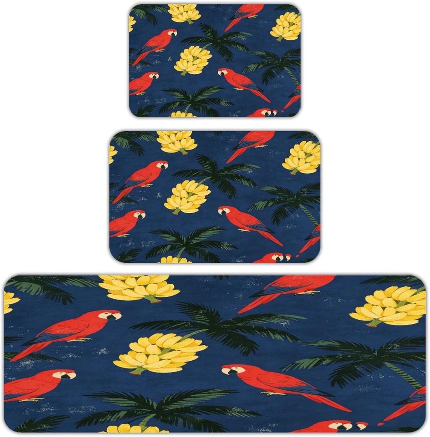 Blue Jungle Print Kitchen Rugs Sets of 3 Non Slip Kitchen Mat for Floor Comfort Standing Rug and Mats Thick Cushioned Long Area Carpets for Laundry Room Entryway