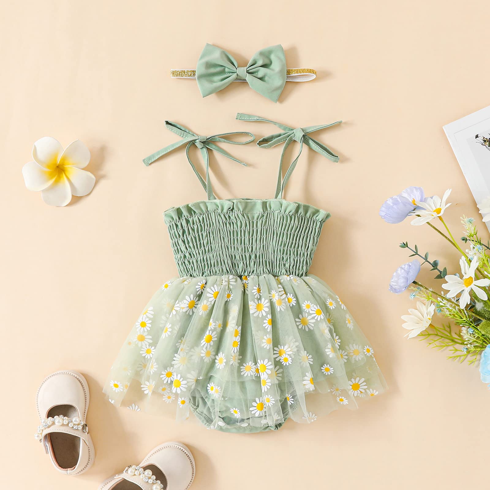 FYBITBO Newborn Baby Girl Summer Romper Dress Daisy Sleeveless Strap Rompers Tulle Bodysuit Jumpsuit with Headband Set (Green Daisy, 12-18 Months)