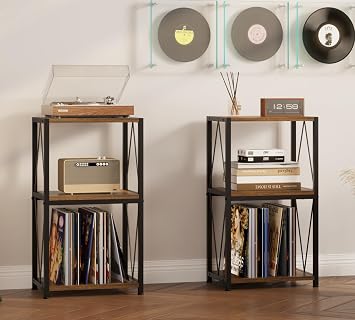HFHOME Vinyl Record Storage 3 Tier Side Table, Record Player Cabinet for Vinyl Storage and Display, Turntable Stand in Living Room, Bedroom, Music Room