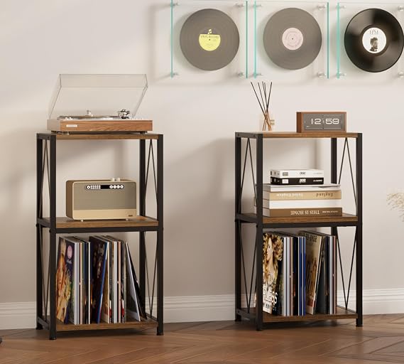 HFHOME Vinyl Record Storage 3 Tier Side Table, Record Player Cabinet for Vinyl Storage and Display, Turntable Stand in Living Room, Bedroom, Music Room