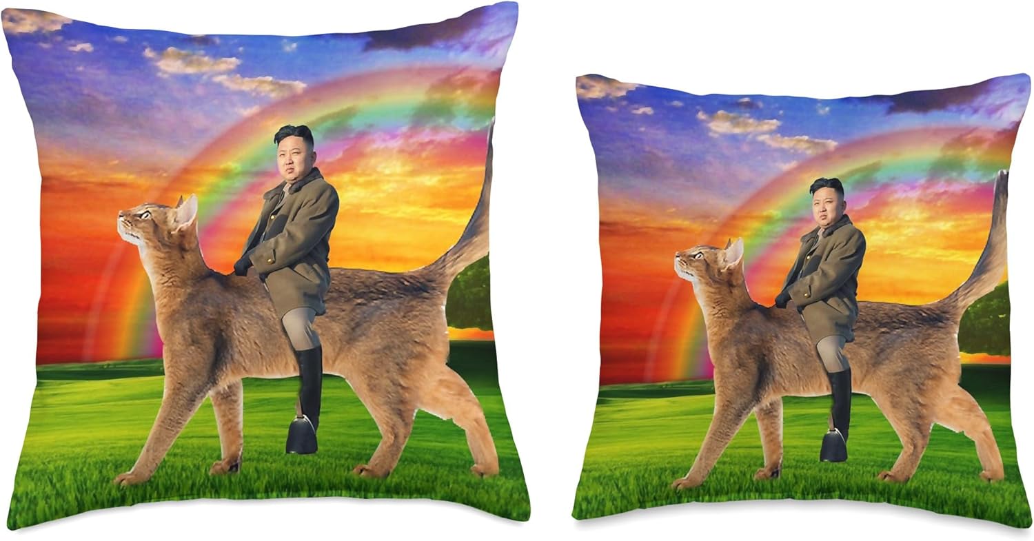 Kim Jong Un Riding Cat - Funny Kim Jong Un Throw Pillow