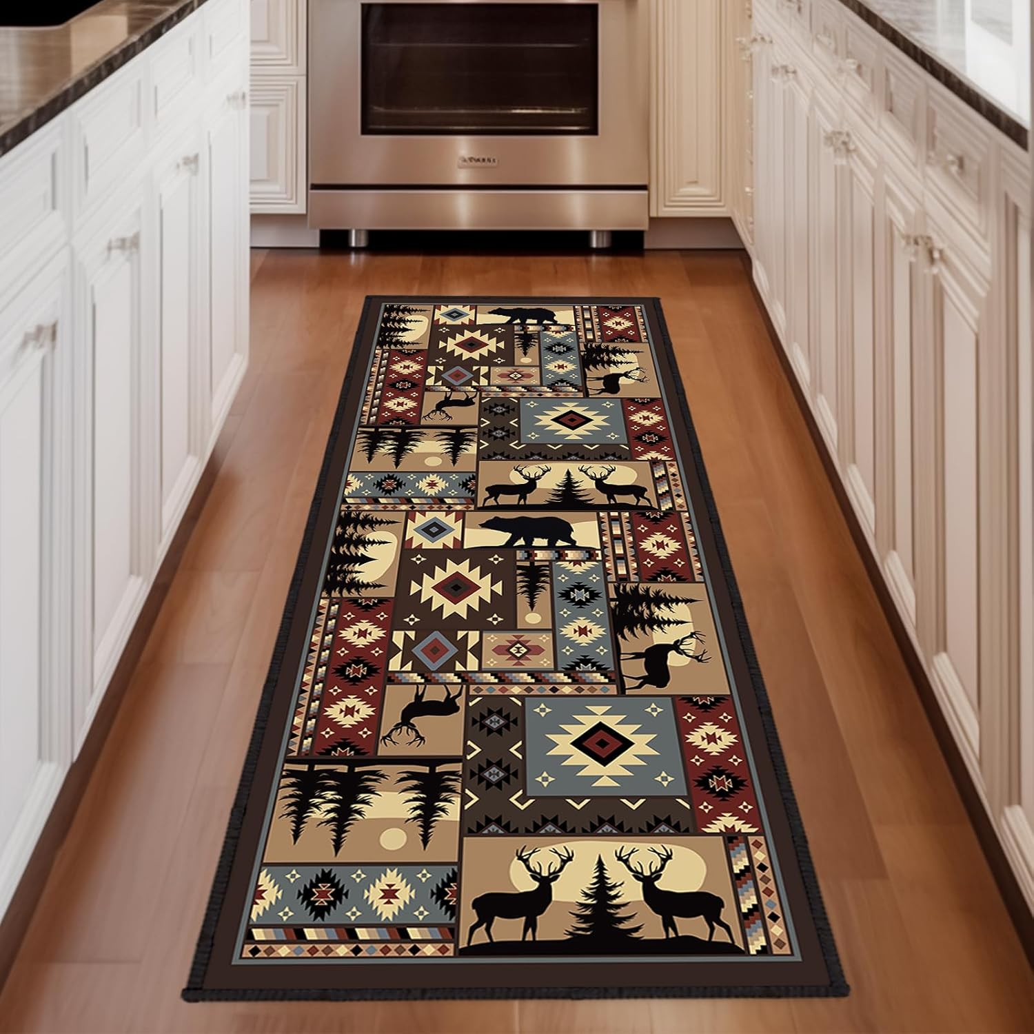 Rustic Cabin Wildlife Long Runner Rug 2x6 Throw Rug,Buffalo Plaid Bear Moose Deer Country,Vintage Area Rug Washable Hallway Rugs Non-Slip Floor Carpet Runner for Bedroom Laundry Room Entrance Door Mat