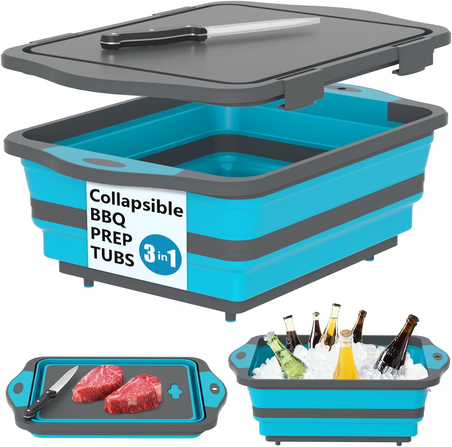 HI NINGER BBQ Prep Tub with Lid, Collapsible Camping Sink with Colander, Cutting Board & Knife Set for Grilling, Smoking & Outdoor Cooking, Collapsible Wash Basin for RV Camping Essentials
