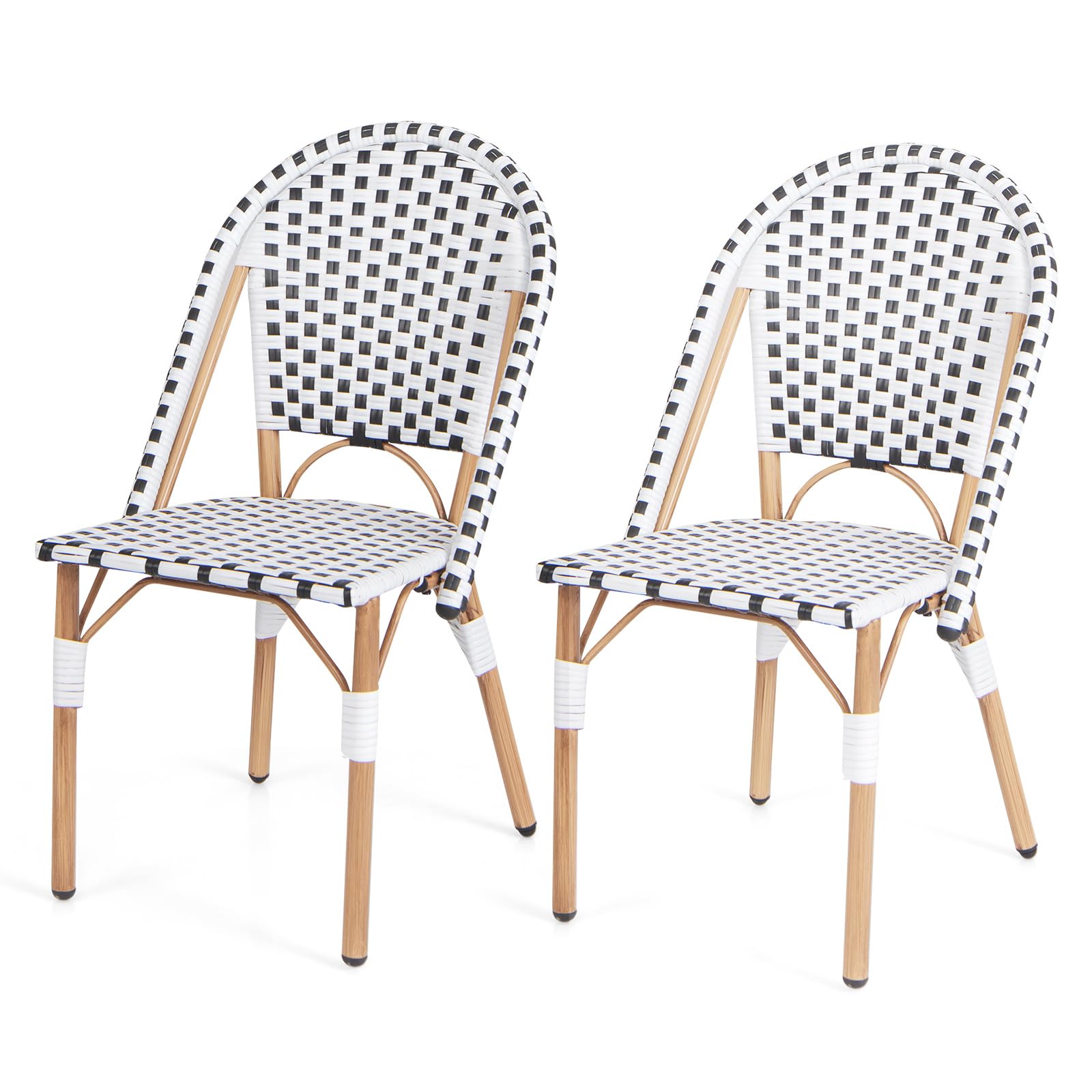 GiantexUK Rattan Outdoor Set of 2 Metal Frame Garden Chairs with Backrest & Adjustable Foot Pads, PE Wicker Bistro for Patio Backyard Poolside Balcony