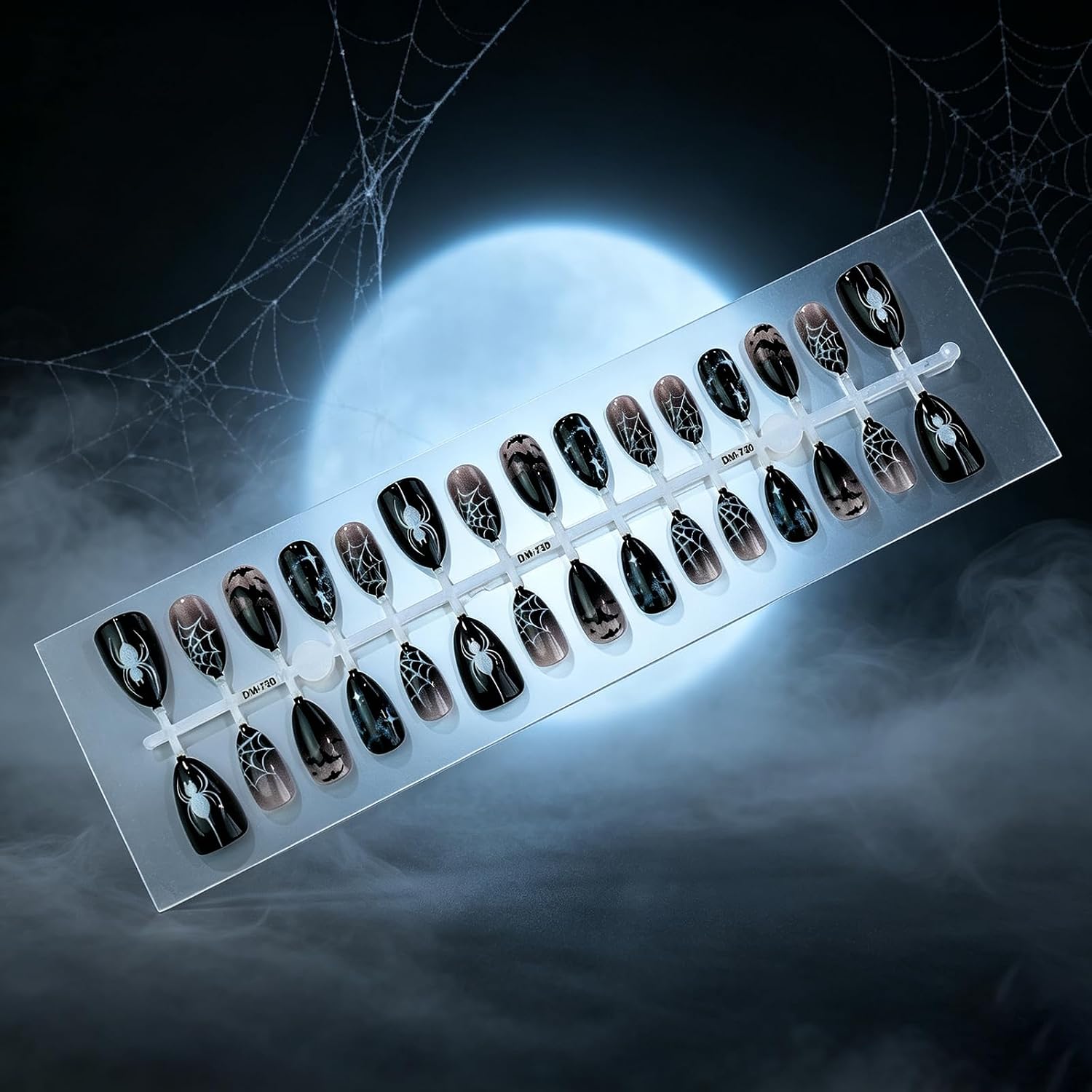 Short Almond Acrylic Fake Nails Halloween Press on Nails Spider Web Bat