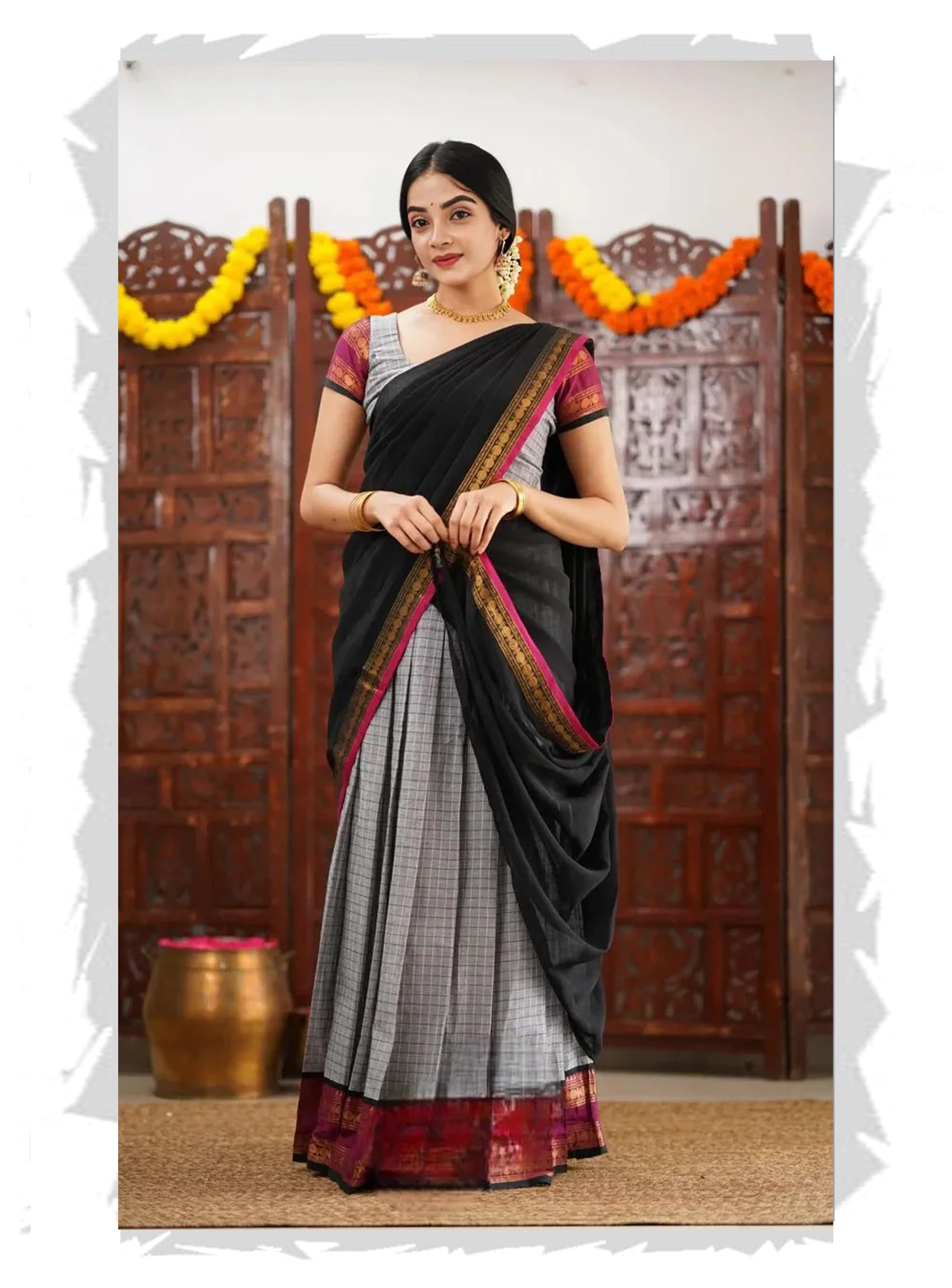 Faux Silk Black Grey Color South Indian Style Semi-Stich Traditional Semi-Stitched Lehenga Choli For Women Half Saree, Free Size-image-24