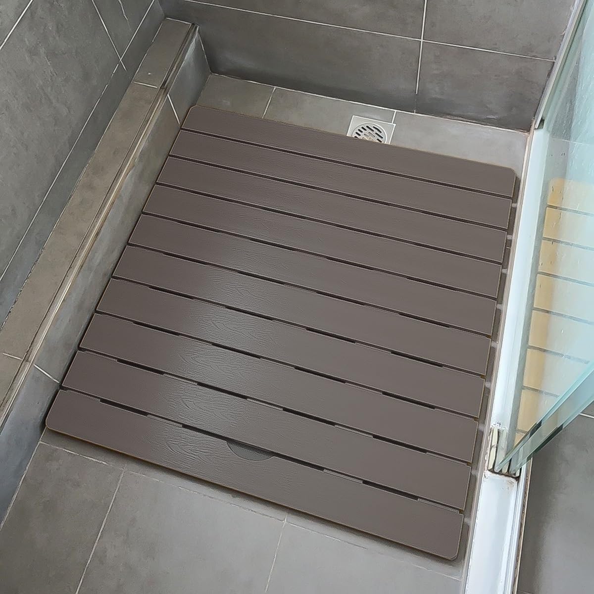 MESOVFCA Wood Grain Shower Mat Non Slip Square Bathroom Mat, Floor Bath Tub Sturdy Mats for Inside Outdoor/Luxury Spa Home, Easy to Clean, Gray, 28x28in/70x70cm