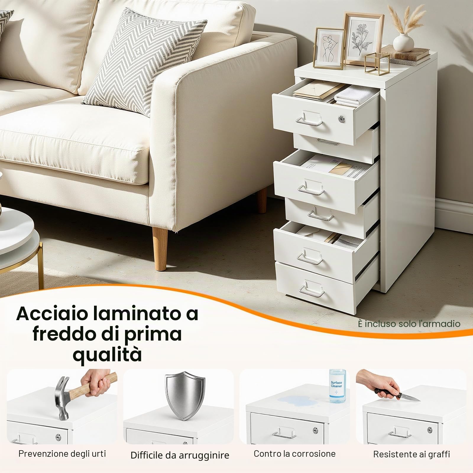 Cassettiera con 6 cassetti, armadietto con serratura, cassettiera a rotelle, in metallo, con scomparto per carte di credito, per casa, ufficio (bianco)