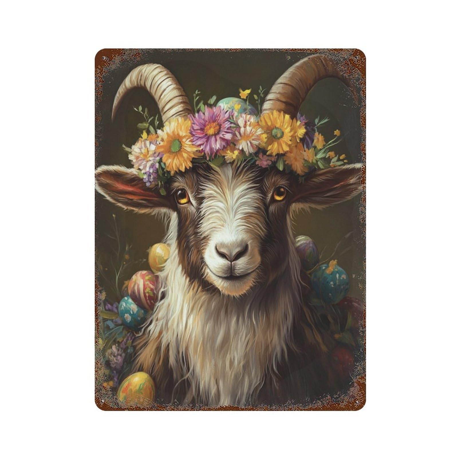 Vintage Rust Metal Sign Easter Floral Goat Art Print 15.7"x11.8", Retro Wall Decor for Patio, Garden Room And Bar Decor