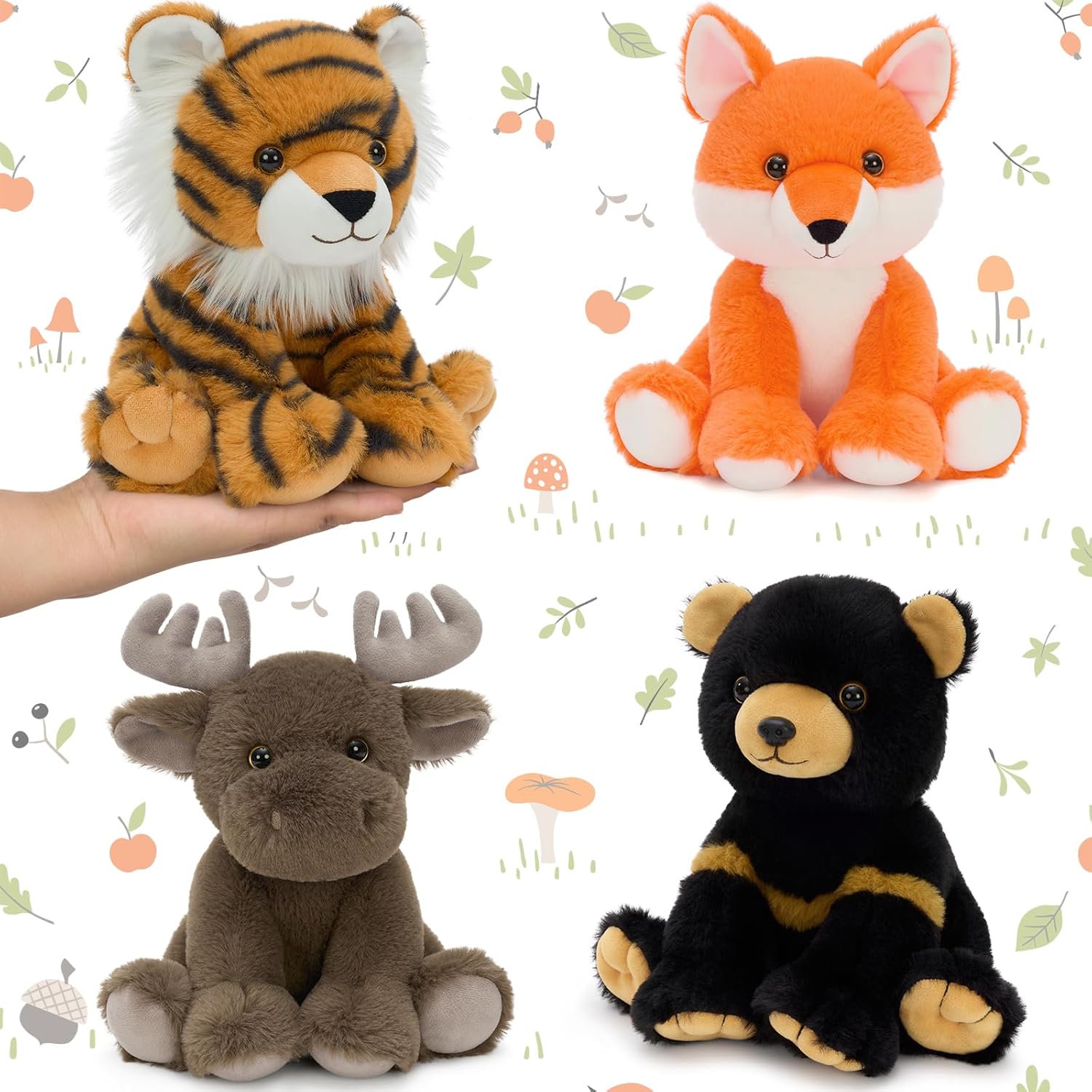 MorisMos 4 Pcs Woodland Stuffed Animals Bulk, 8 Inch Fox Black Bear Tiger Moose Forest Animal Plushies, Woodland Collection Party Favors Decorations Gifts for Kids