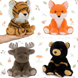 MorisMos 4 Pcs Woodland Stuffed Animals Bulk 8 Inch Fox Black Bear Tiger Moose Forest Animal Plushies Woodland