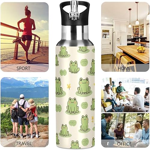 Miniatura 5 de Kcldeci Botella de agua deportiva con diseño de rana linda de 20 onzas, tapa de pajita, a prueba de fugas, aislada al vacío, acero inoxidable,