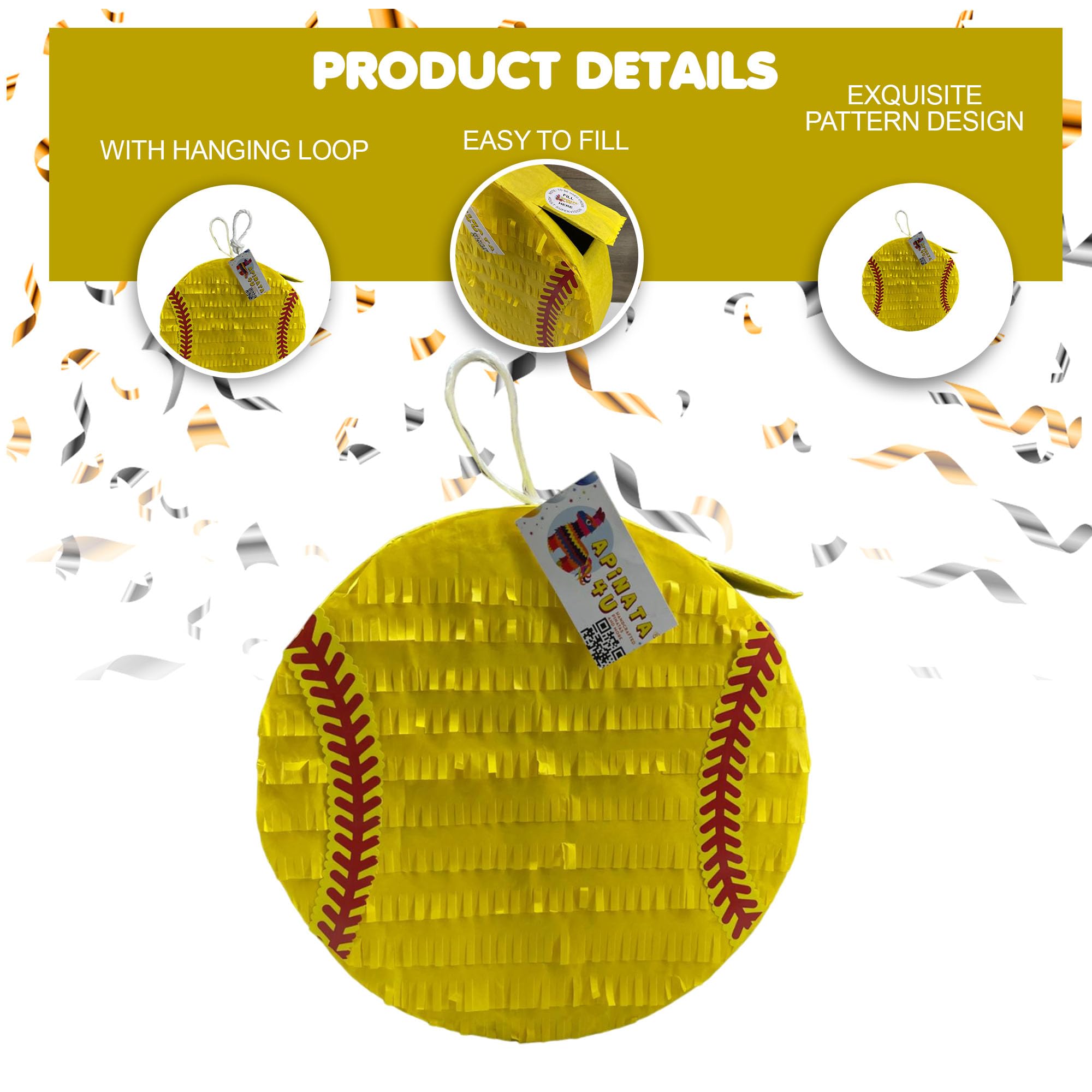 Piñata softball 2D, żółty, 40,6 cm, na przyjęcie urodzinowe, do dekoracji imprez