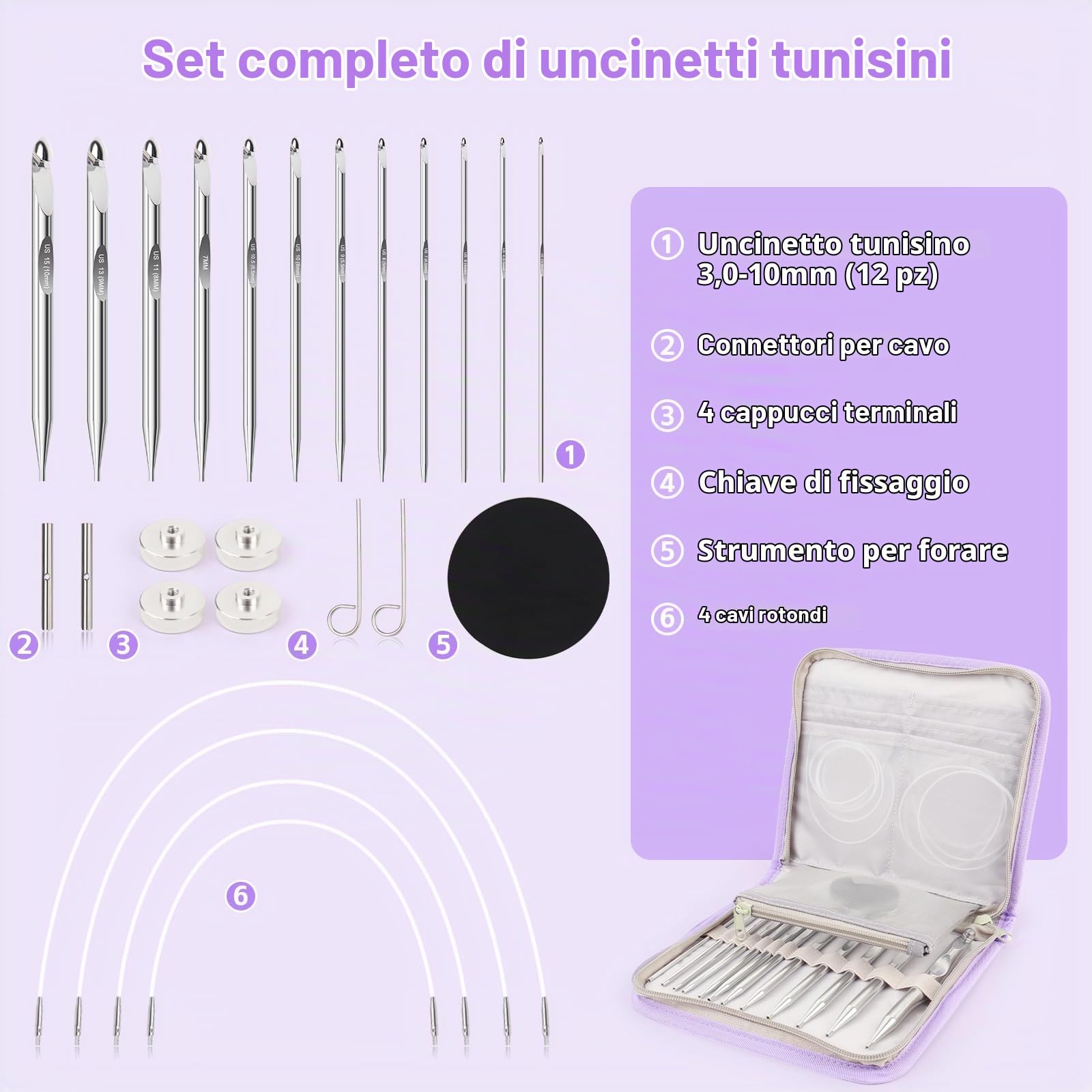 Coopay Set di 12 Uncinetti Tunisini Intercambiabili, 3,0-10,0mm con Filo da 40/60/80/100 cm, Uncinetto per Principianti e Professionisti, Uncinetto Afgano per Tappeti, Maglioni, Sciarpe