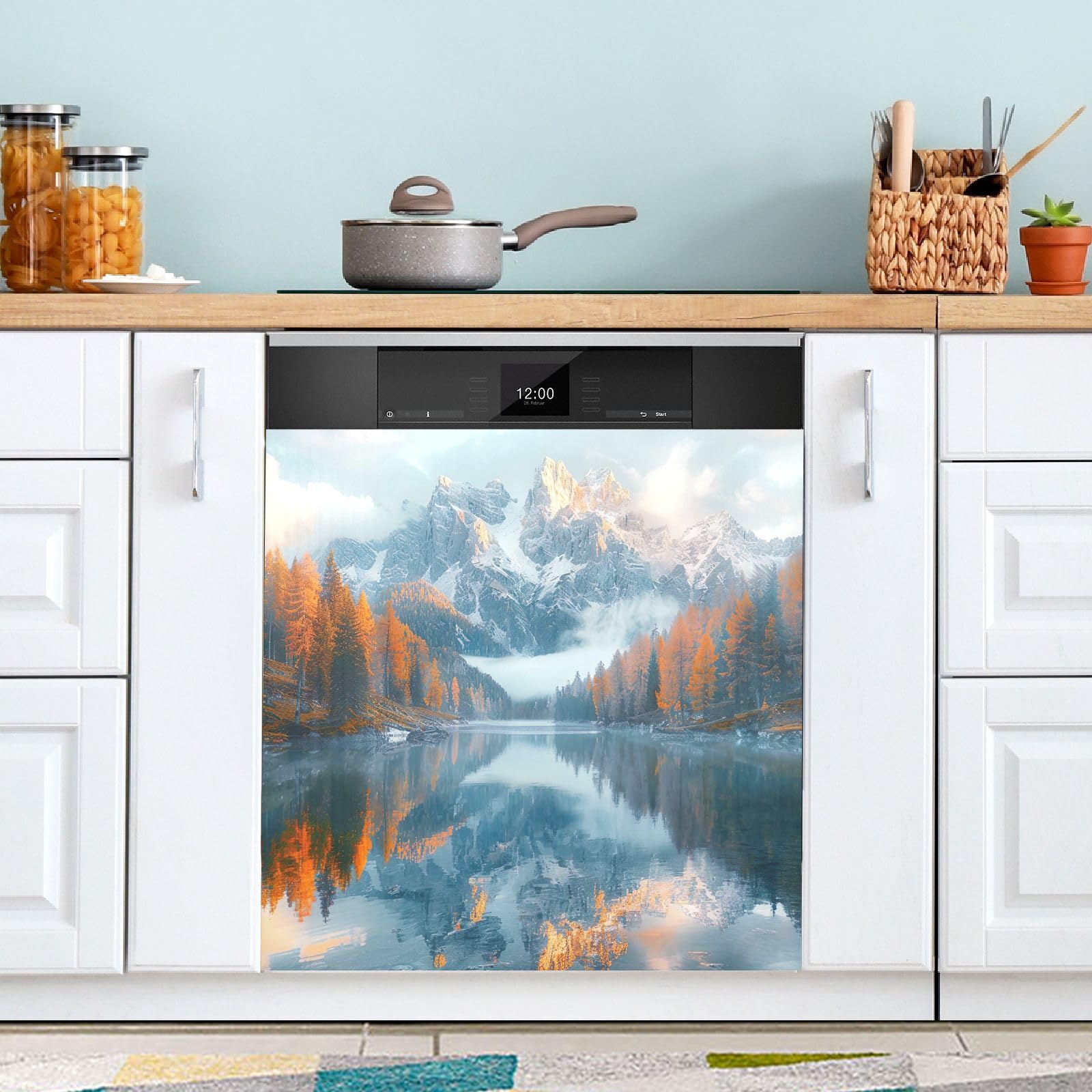 SKYSHU Copertura magnetica per lavastoviglie con lago di montagna, riutilizzabile, adesivo per porta del frigorifero, impermeabile, per frigorifero e microonde, decorazione per la casa, 58 x 66 cm
