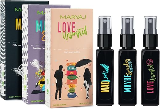 Maryaj Mad Love EDP and Maybe Someday EDP and Love Unscripted EDP (Pack of 3, Each 8ML) Long Lasting Scent Spray Gift For Men and Women