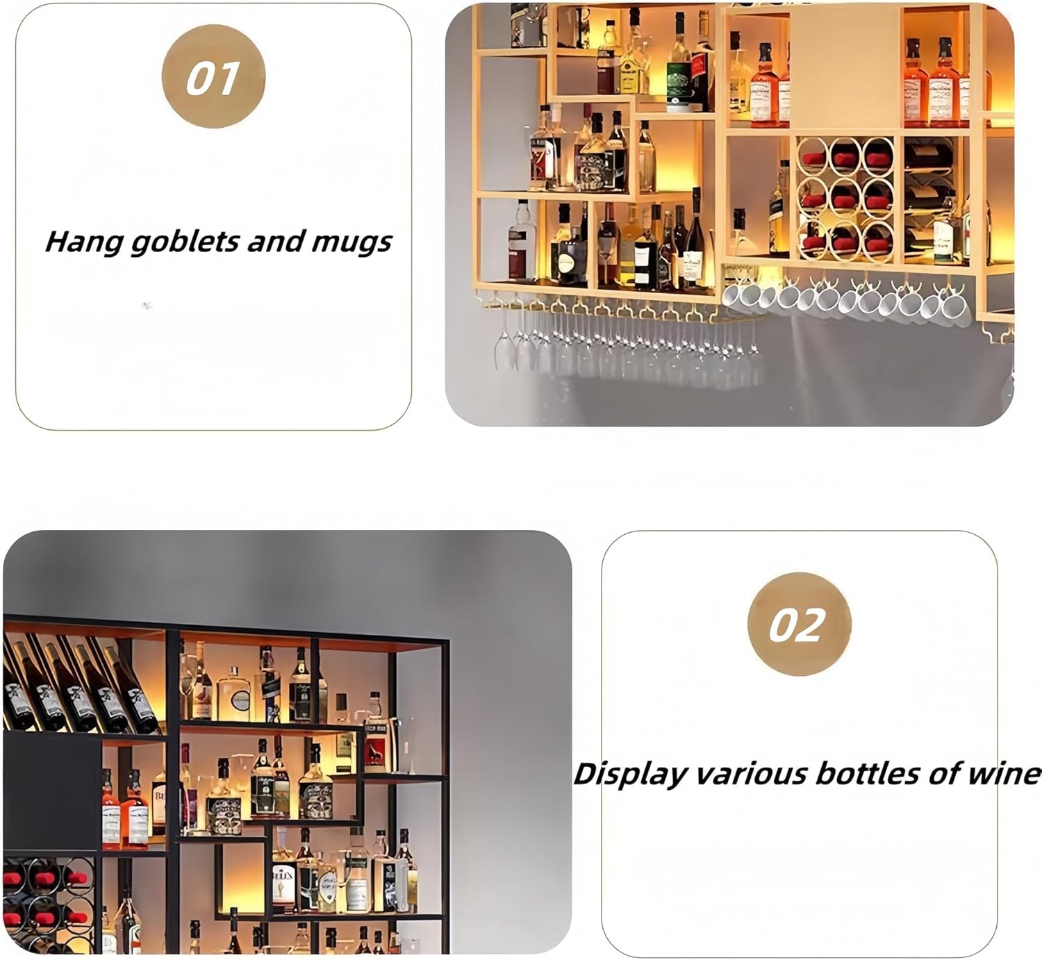 118 Inch Wall-Mounted Wine Rack & Liquor Shelf with LED Lighting - Bar Shelves for Liquor Bottles, Floating Storage with Wine Glass Holder for Kitchen, Dining Room, or Bar Decor, Gold