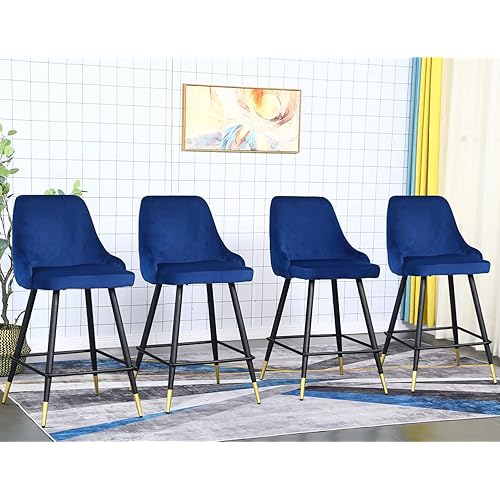 Velvet Counter Stools Set of 4 - Upholstery Barstools Bar Stools Counter Height Stools for Kitchen Island, Modern Bar Chairs Dining Chairs with Back and Arm, Pack of 4 Pieces (Blue)