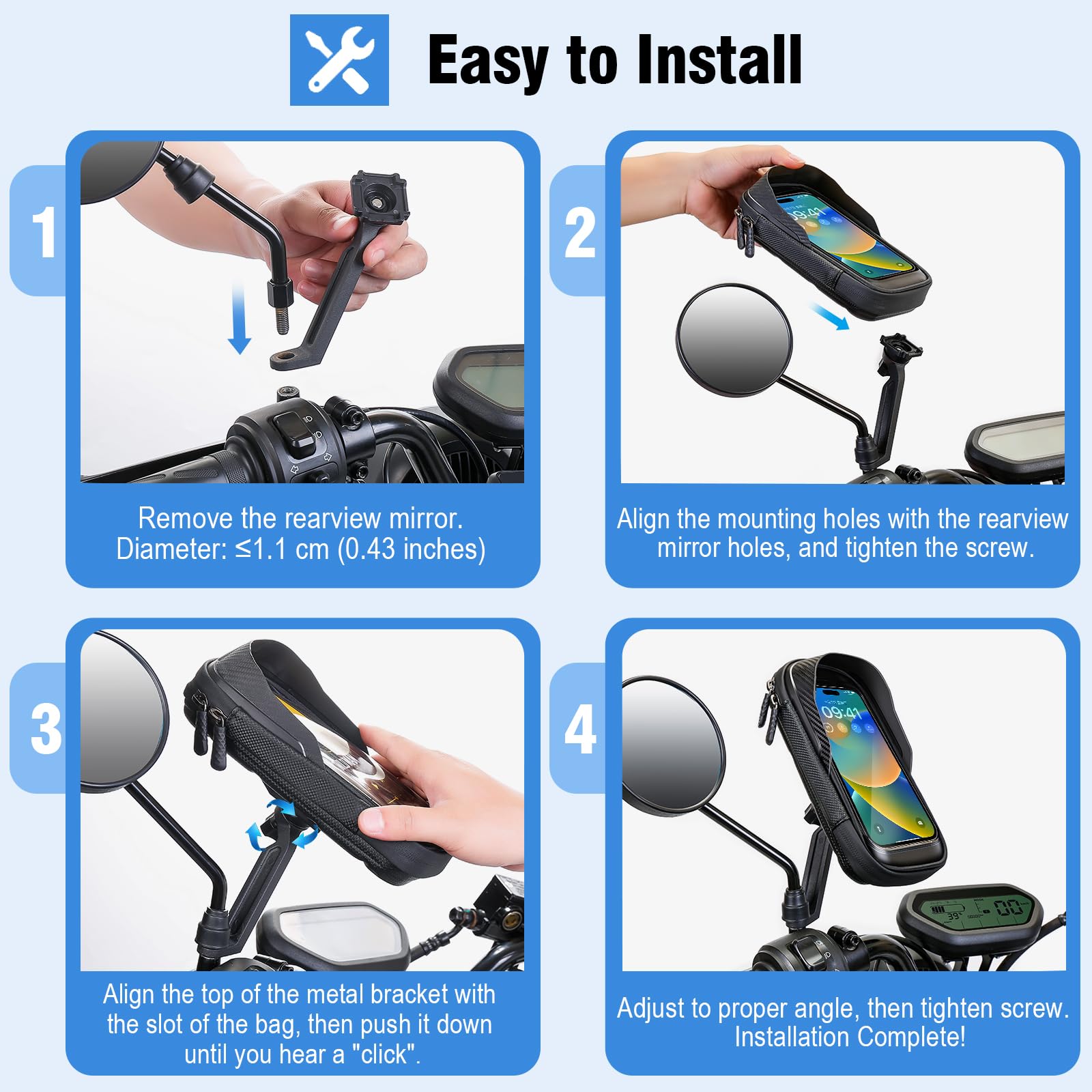 Porta Cellulare Moto Impermeabile, Porta Telefono Motocicletta con 360 Gradi Rotabile Supporto Cellulare Scooter Specchietto con Touch ID per Smartphone da 4,0-7,2 Pollici (Nero)