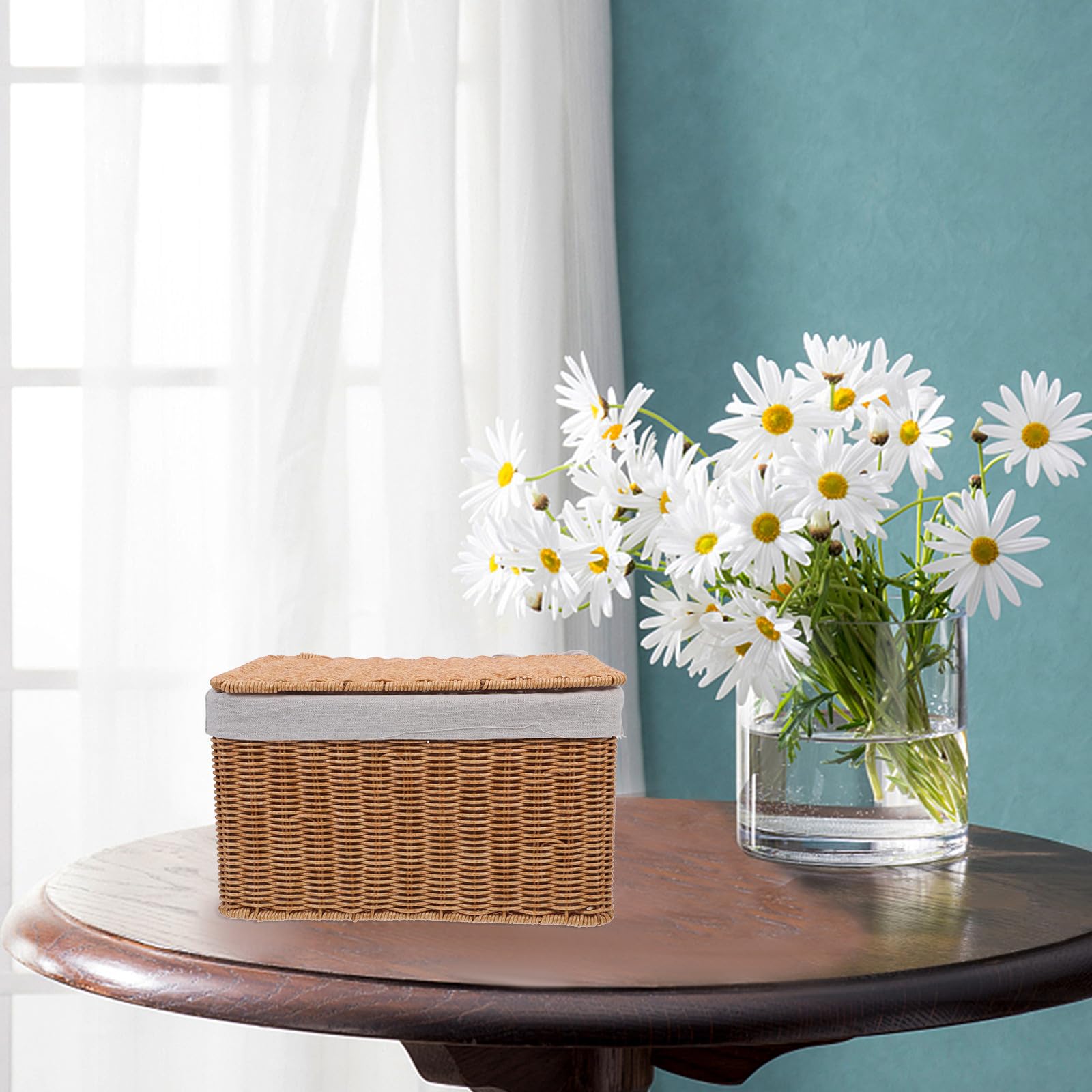 Cesta Rectangular de Almacenamiento Tejida con Tapa y Asas, Contenedor de Paja con Forro de Tela para Guardar Juguetes y Libros, Decoración Elegante Hogar