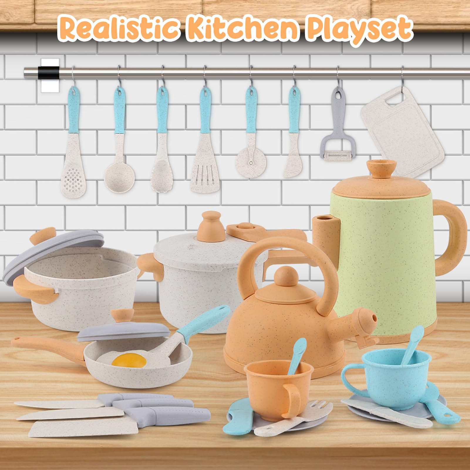 Dreamon Accessoire Cuisine Enfant 31 Pièces Dinette Enfant 3 4 5 Ans Jouet Ustensiles de Cuisine Casseroles et Poêles Cadeaux de Vacances Noël pour Enfants Garçons et Filles