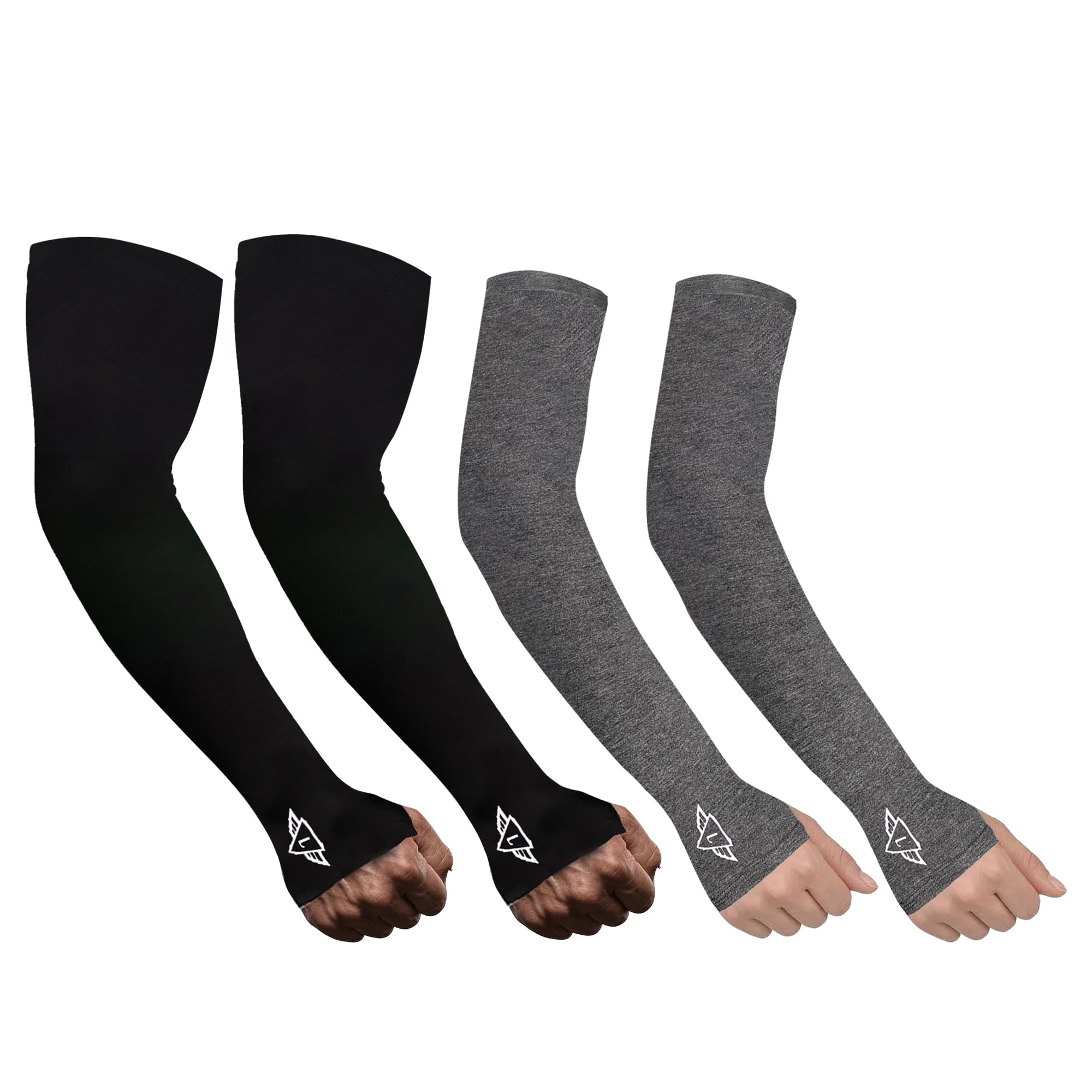 Osmo Fabric Arm Sleeves With Thumb Extension for Men & Women | SPF 50+ Sun Protection | Breathable Compression Arm Sleeves for Running, Cycling, Gym (Black & Grey) Pack of 2 Pair-image-23