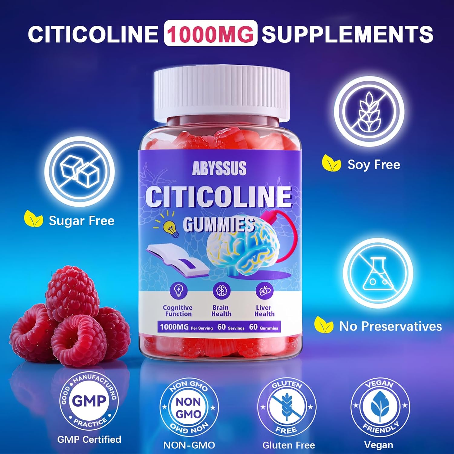 ABYSSUS Citicoline Gummies 1000mg (CDP Choline), Sugar Free Citicoline Supplements for Cognitive & Brain Function, Liver Health, Vegan, 60 Count - Image 5