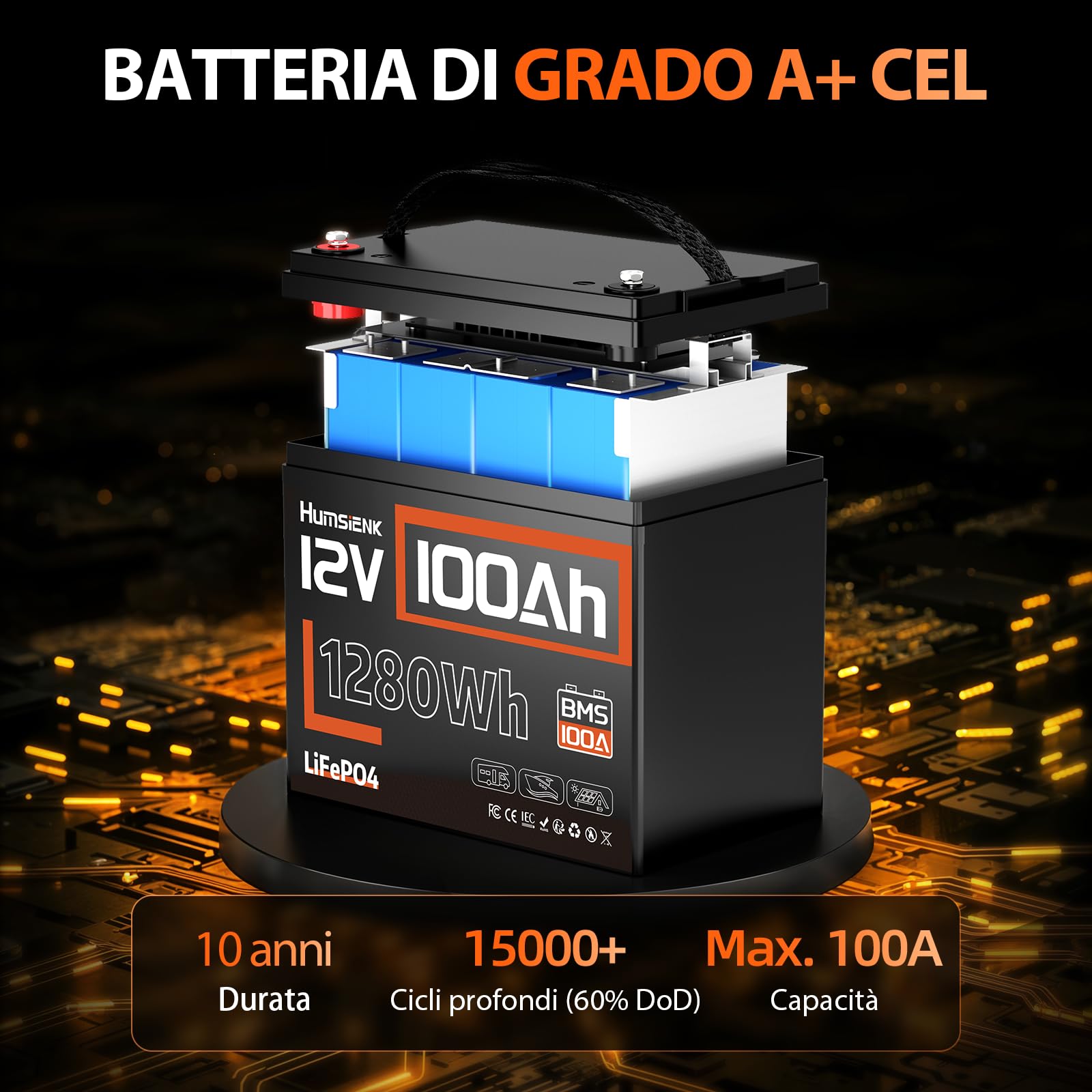 Humsienk Batteria al Litio LiFePO4 12V 100Ah, BMS 100A con Protezione Bassa Temperatura, 15000 Cicli Profondi, per Camper, Yacht, Fotovoltaico e Sistemi Off-Grid