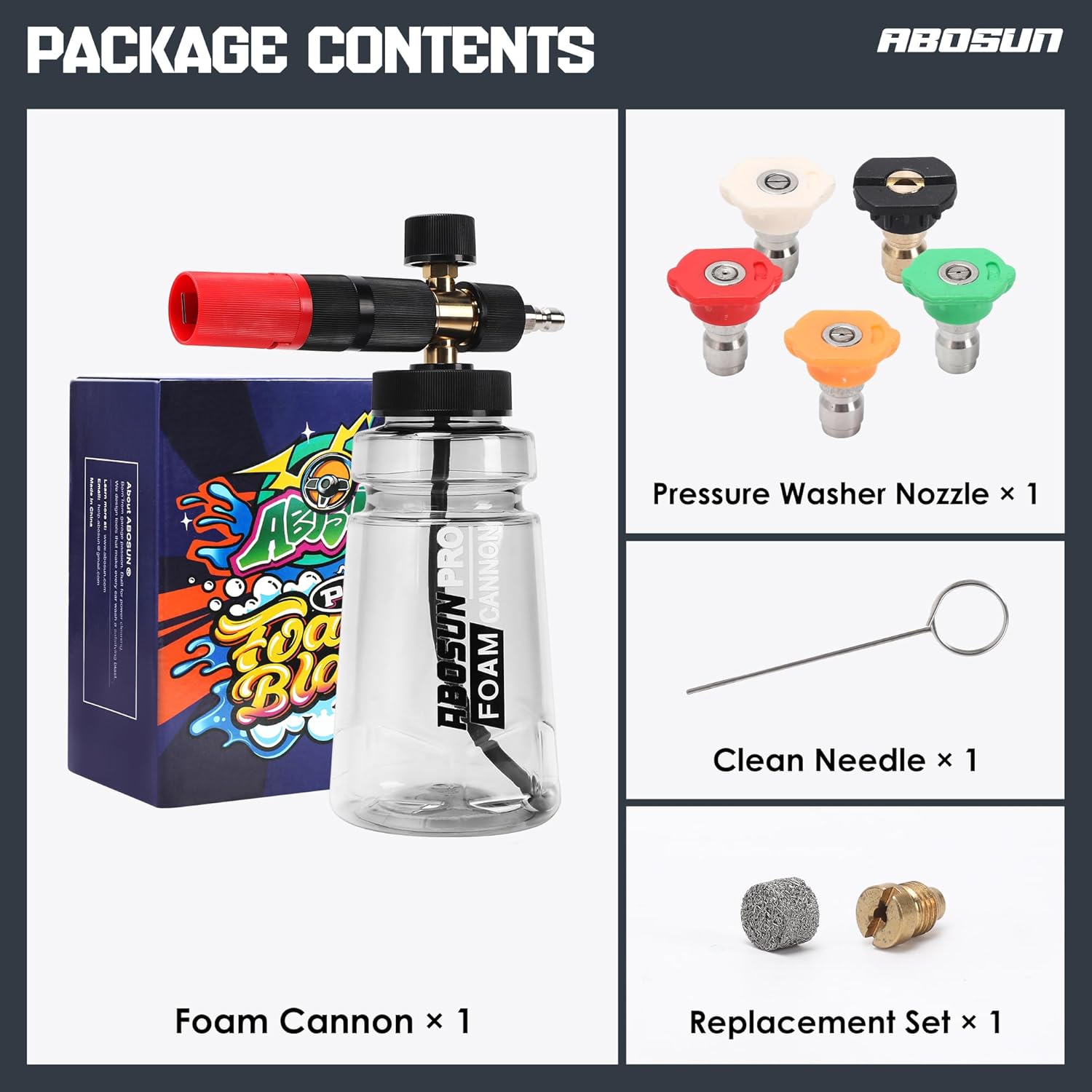 Foam Cannon for Pressure Washer with Wide Mouth, Adjustable Snow Foam Lance for Car Wash, 1/4" Quick Connect, 5 Nozzle Tips, Extra 1.1mm Orifice for Thick Foam