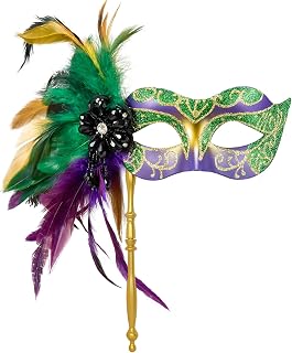 2025 New Masquerade Mask for Women with Stick - Shiny Women's Feather Mardi Gras Venetian Mask for Costume Accessory