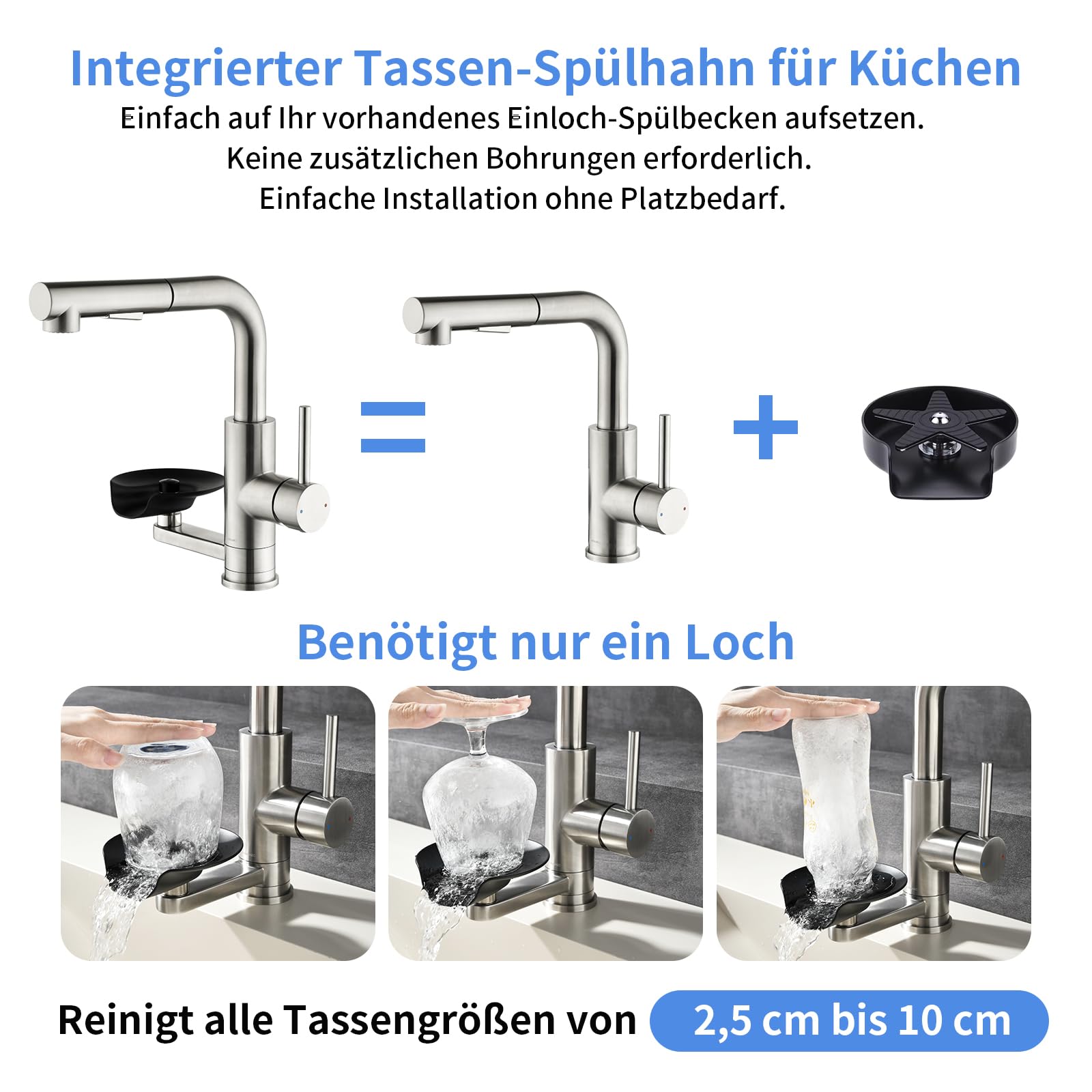 Küchenarmatur LakeBayMZC mit Glasspüler Ausziehbar Dual-Auslauf 360°-Drehung, Wasserhahn Armatur Küche Spültischarmatur 304 Edelstahl Gebürstet