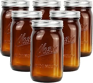 Sponsored Ad - Amber Glass Mason Jars 32 oz Wide Mouth with Airtight Lids and Bands 6 Pack, Amber Clear Glass Canning Maso...