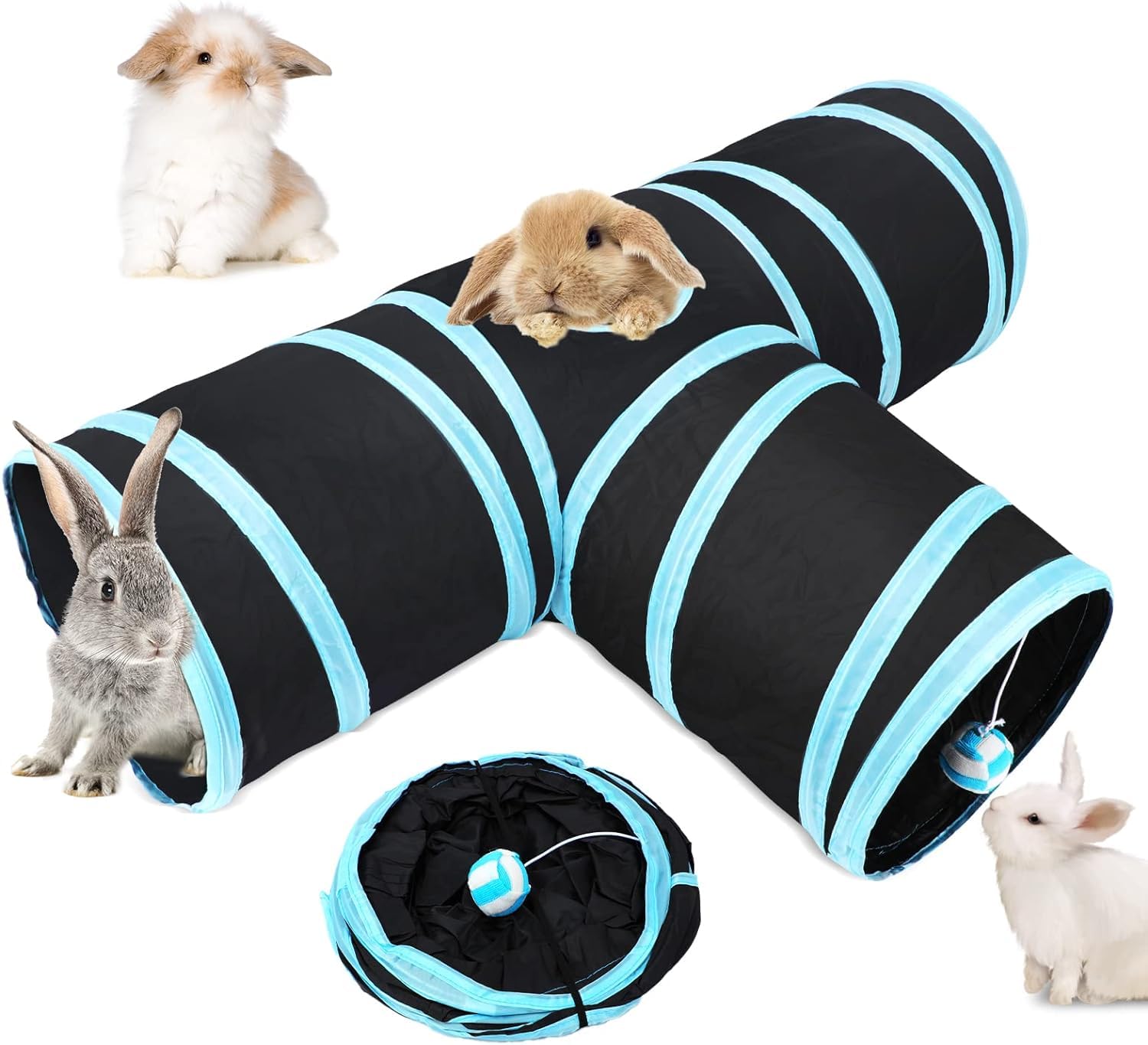 Mumoo Bear Rabbit Cat Tunnels & Tubes Collapsible, 3 Way Rabbit Tunnels and Hides Toys, Portable Bunny Hideout Small Animal Activity Pet Toys Tunnel for Cat Bunny Guinea Pigs Kitten